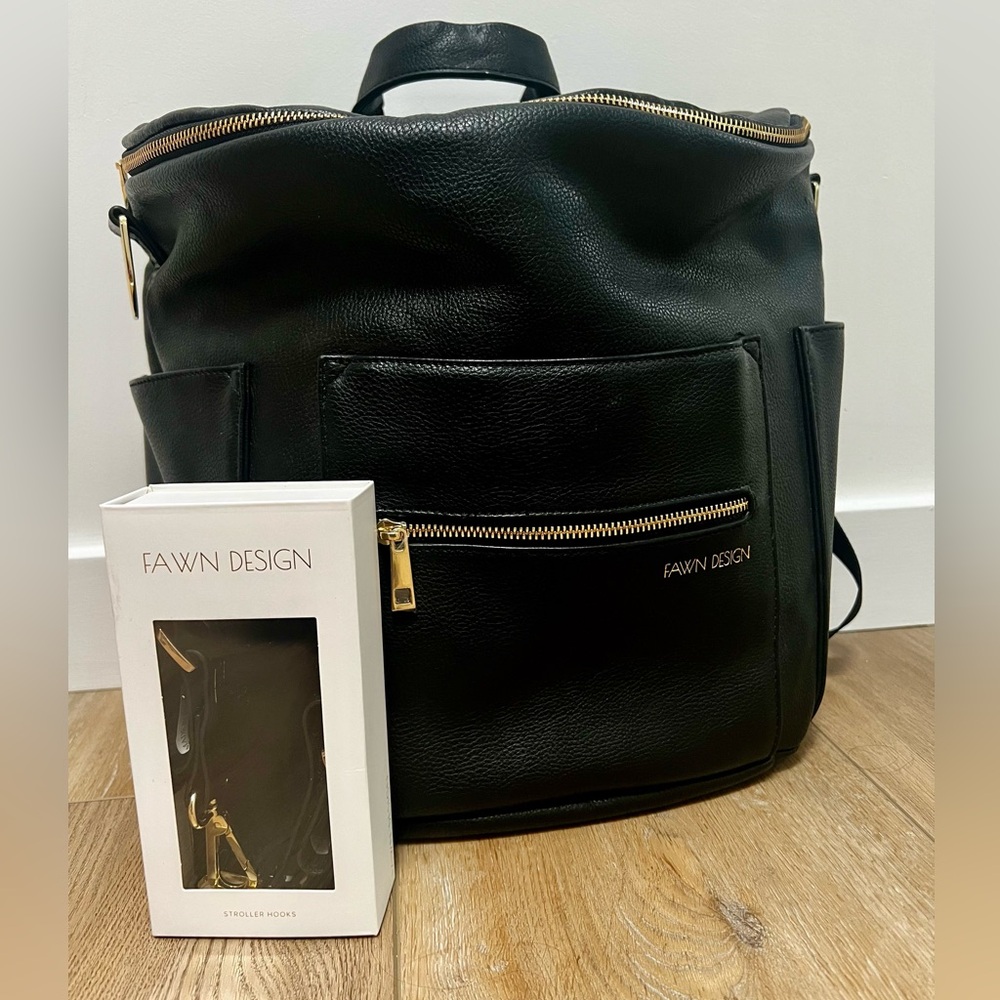 SOLD EUC Original Fawn Design backpack in black AND NIB stroller hooks